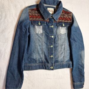 Mudd Blue Jean Jacket with Red Pattern
